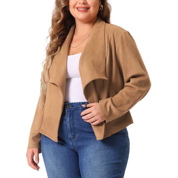Plus Size Lapel Open Front Cardigans Outerwear Jackets Brown - Picture 2 of 6